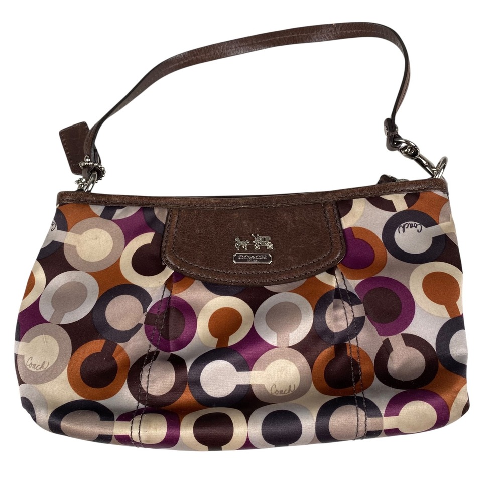 Coach Madison Op Art Sateen Small Wristlet Multicolor Brown Leather Trim